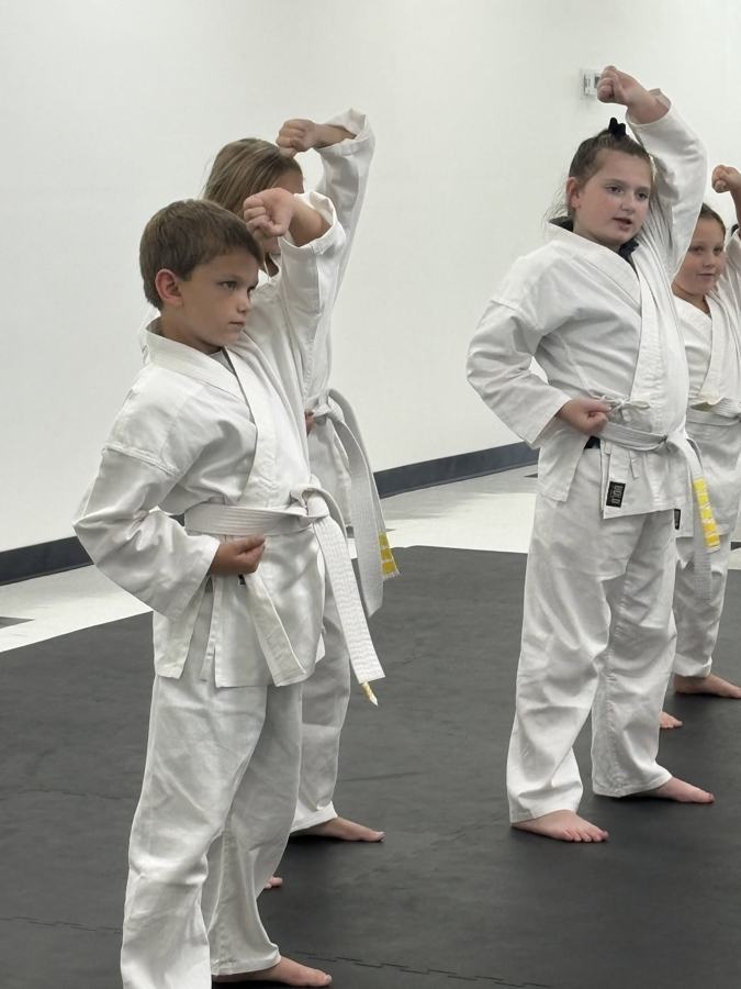 Kids karate class ages 6 to 12 practicing technique in Salisbury MD
